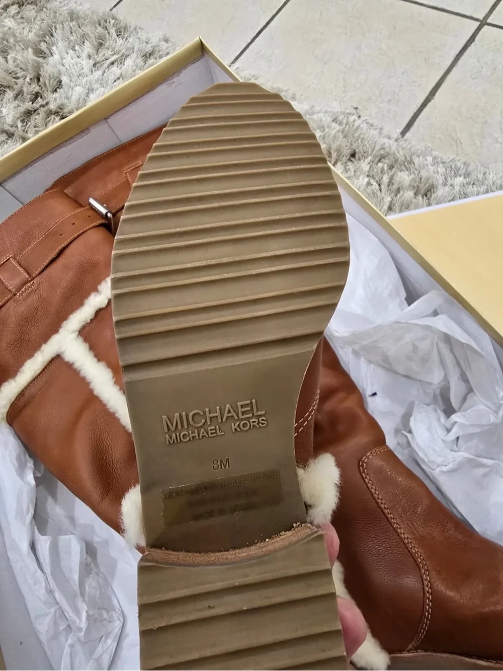 Michael Kors Chestnut Brown Over-the-Knee Leather Boots with Cream Shearling